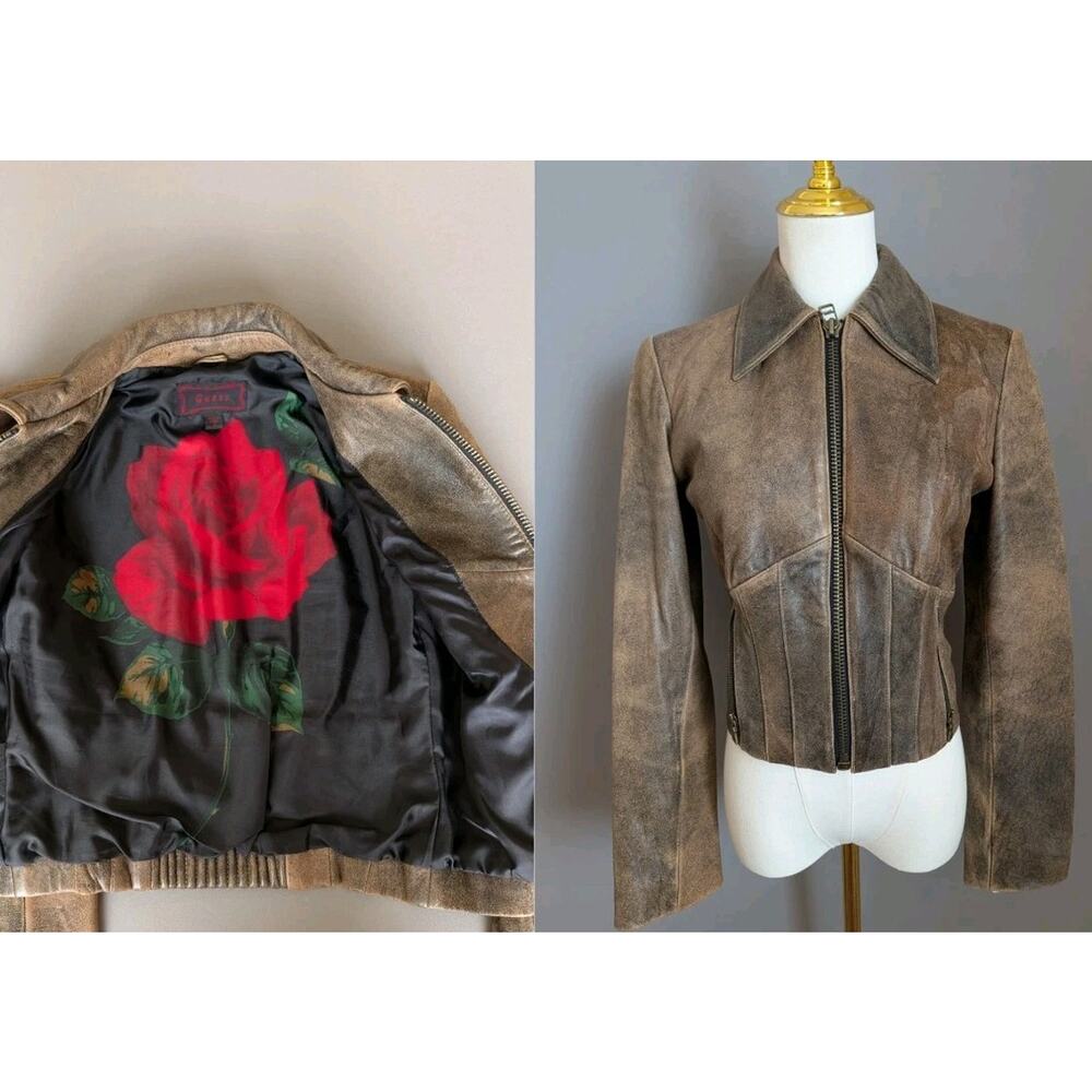 Vintage Guess Leather Moto Corset Jacket Women’s Small Distressed Brown Rose Y2K